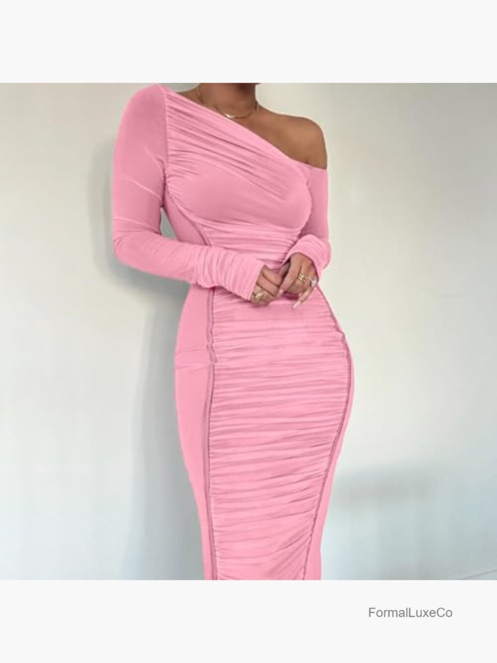 Sexy Off Shoulder Mesh Long Sleeve Bodycon Maxi Dress Ruched Party Club - Picture 6 of 6